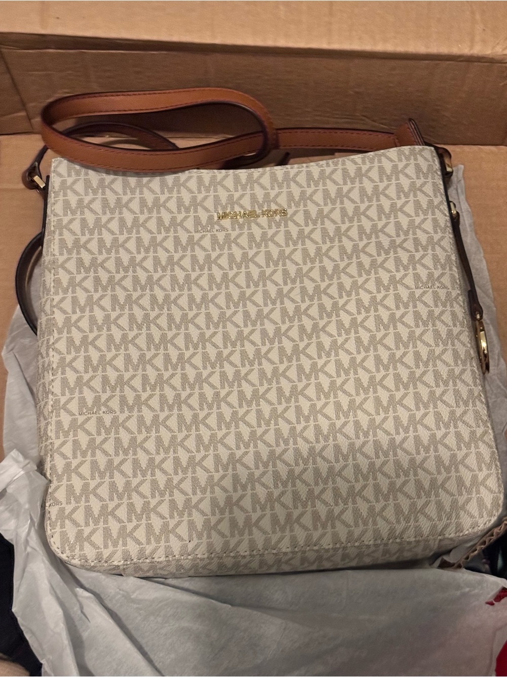 Michael Kors Cream Logo Crossbody with Tan Strap